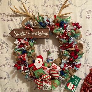 SOLD——-Hand crafted by myself (Candi’s Creations) Santa workshop wreath 18 inch